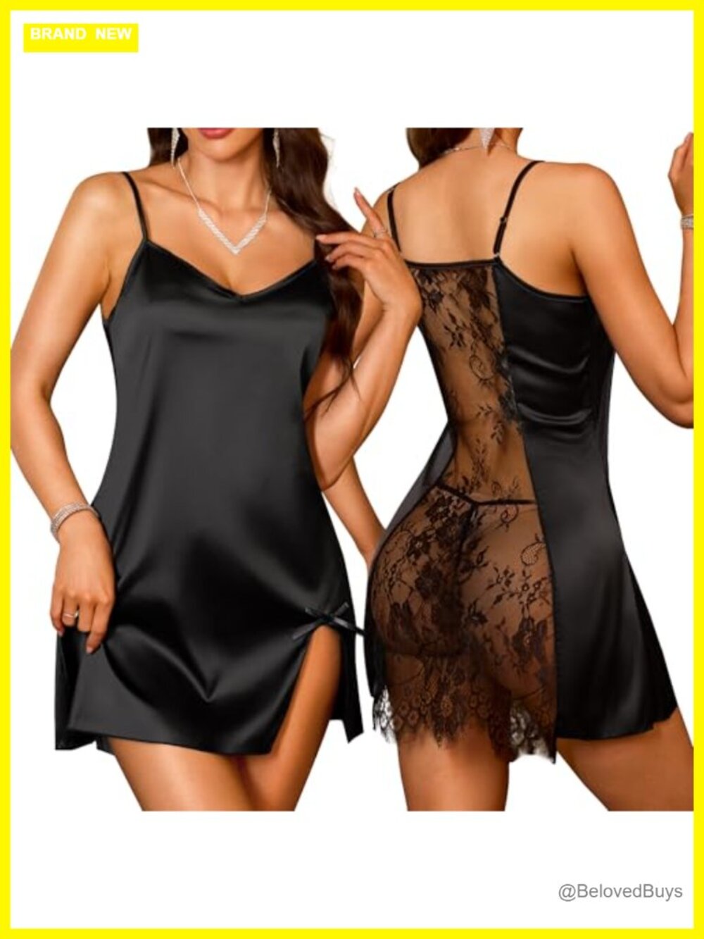Satin Lace Babydoll Nightgown V Neck Chemise Slip Sleepwear